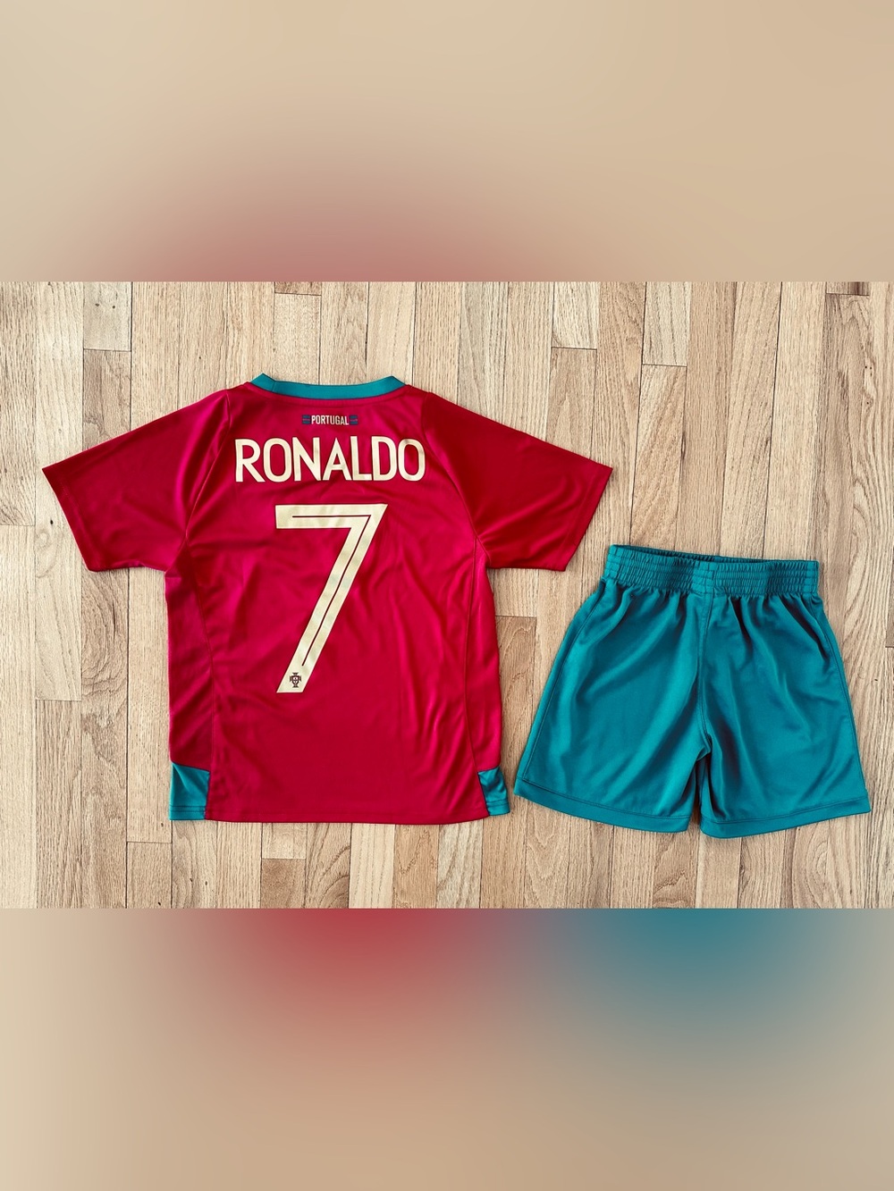Portugal Ronaldo Soccer Jersey and Shorts Set, Red & Green colors, Size S (6-7) - Picture 2 of 5